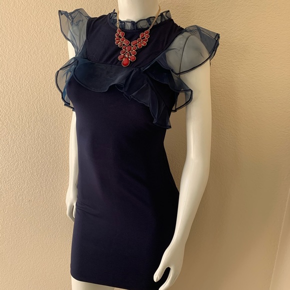 ❤️ Material Girl - Navy Ruffled High Neck Dress - Picture 3 of 8